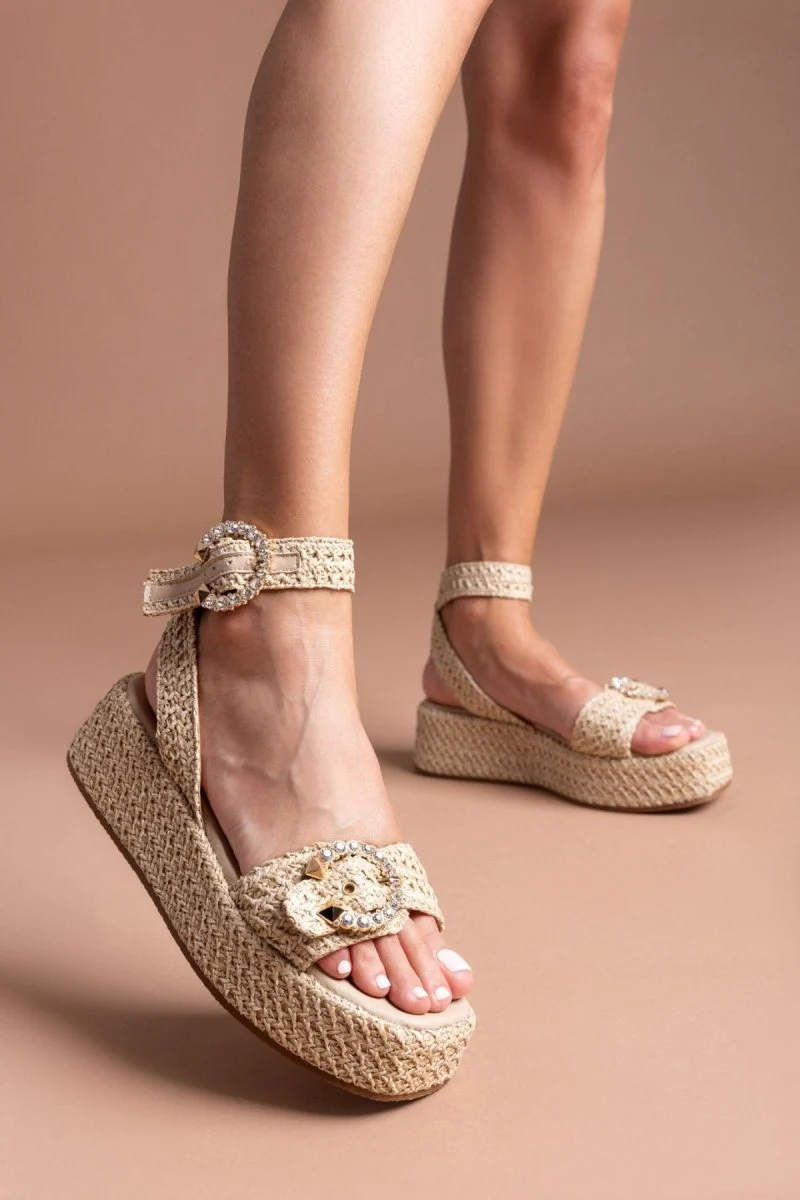 Flatforms με μπαρέτα και στρας - Μπεζ - Image 2