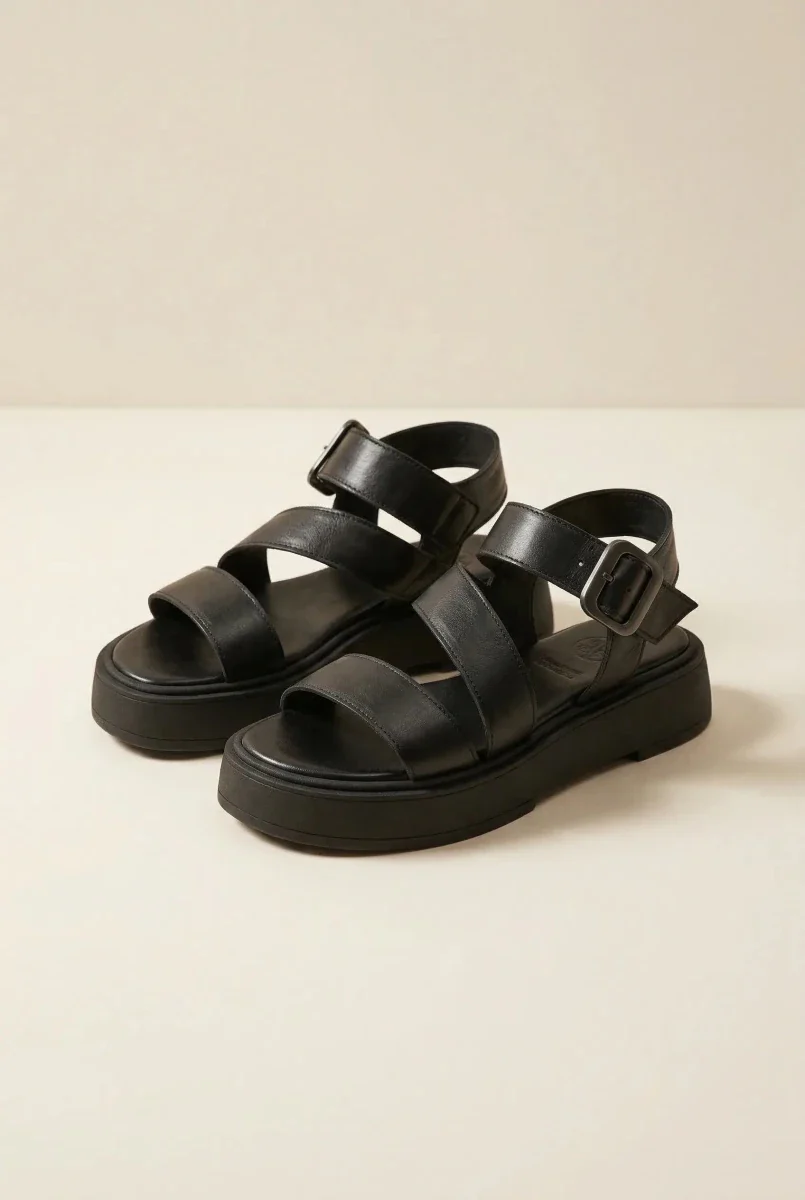 Δερμάτινα σανδάλια flatform - Μαύρο - Image 5