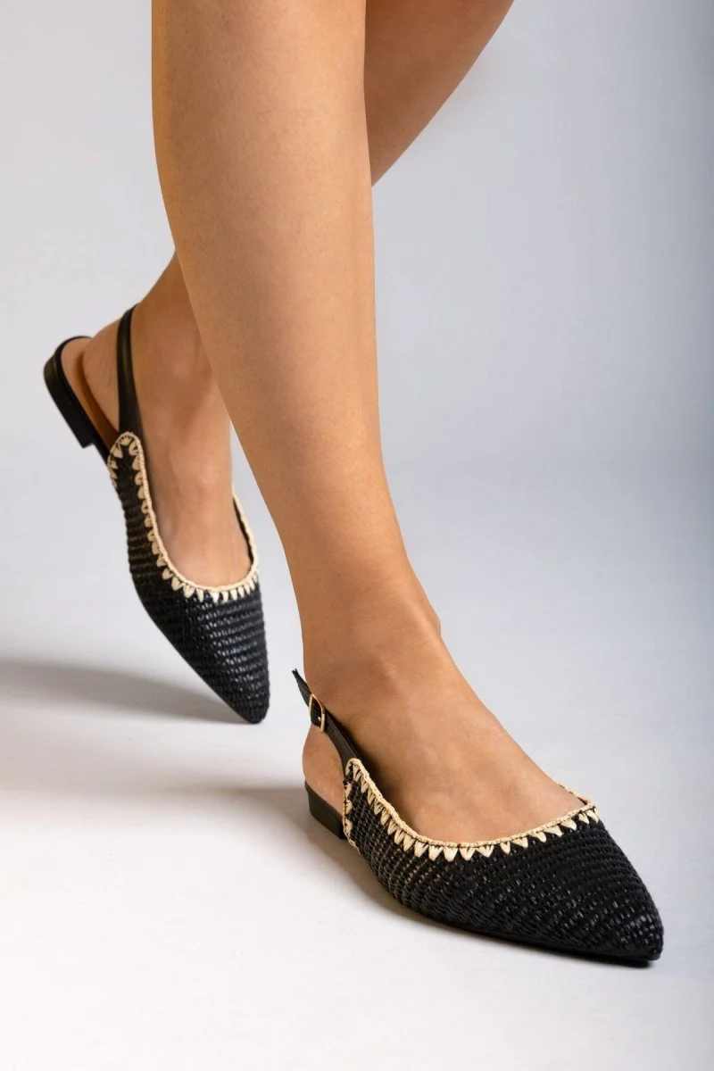 Ψάθινες μυτερές μπαλαρίνες slingback - Μαύρο - Image 8