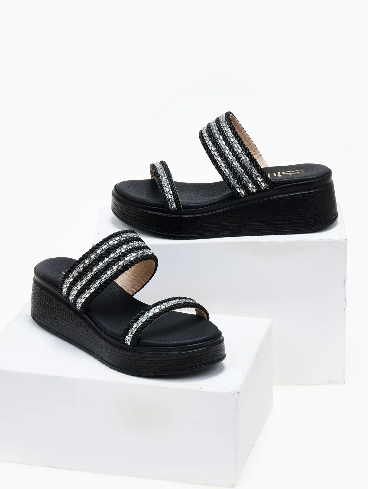 Σανδάλια Flatform με σχοινί και πέτρες - Μαύρο - Image 2