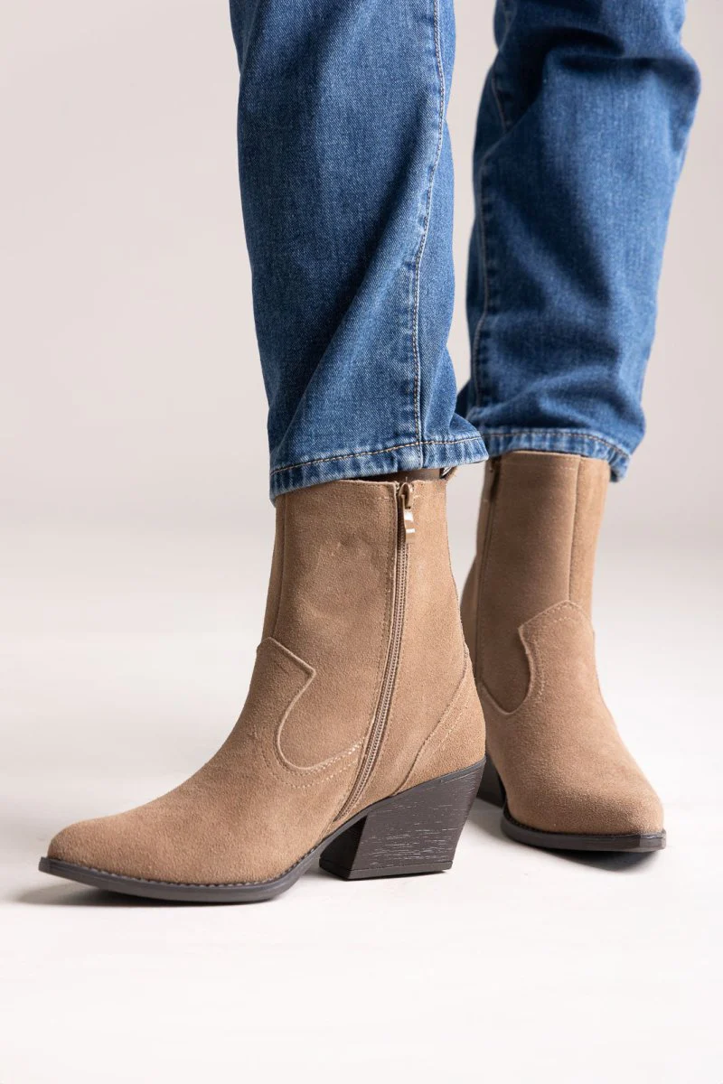 Μποτάκια Cowboy Δερμάτινα - Taupe Suede - Image 6