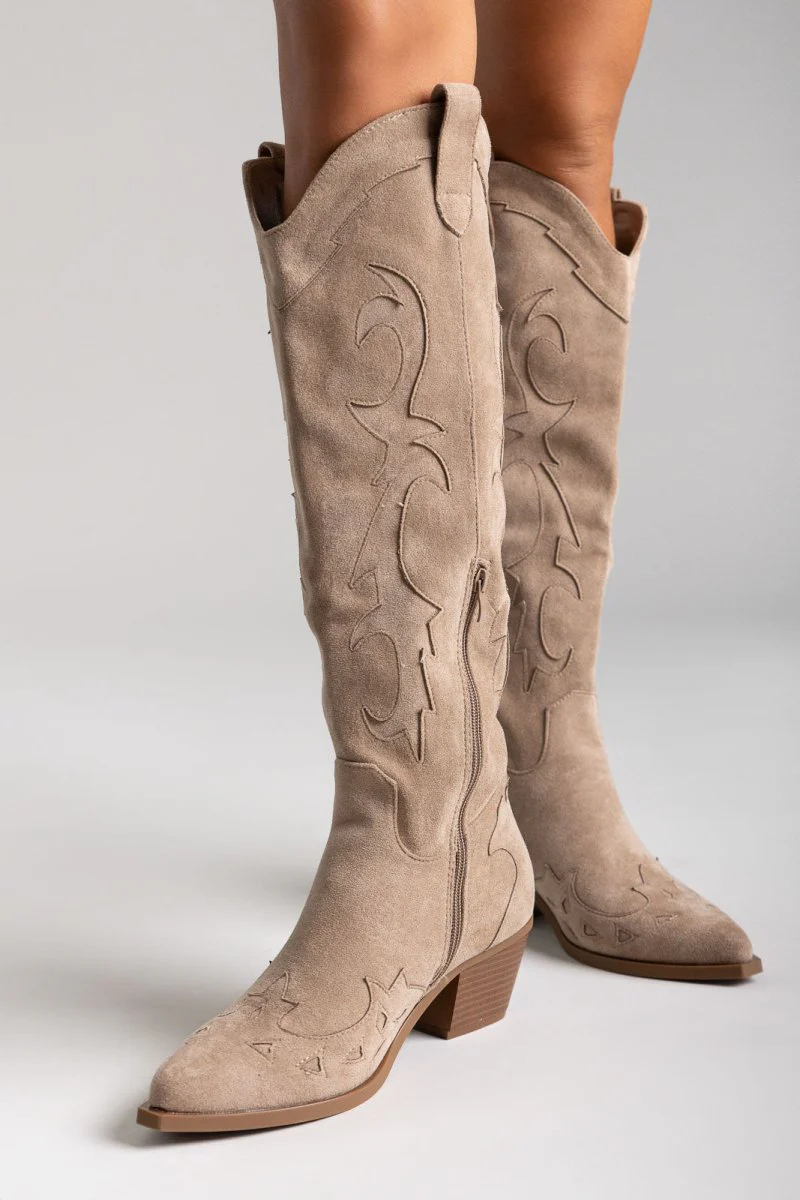 Cowboy Μπότες με τετράγωνο τακούνι - Taupe Suede - Image 4