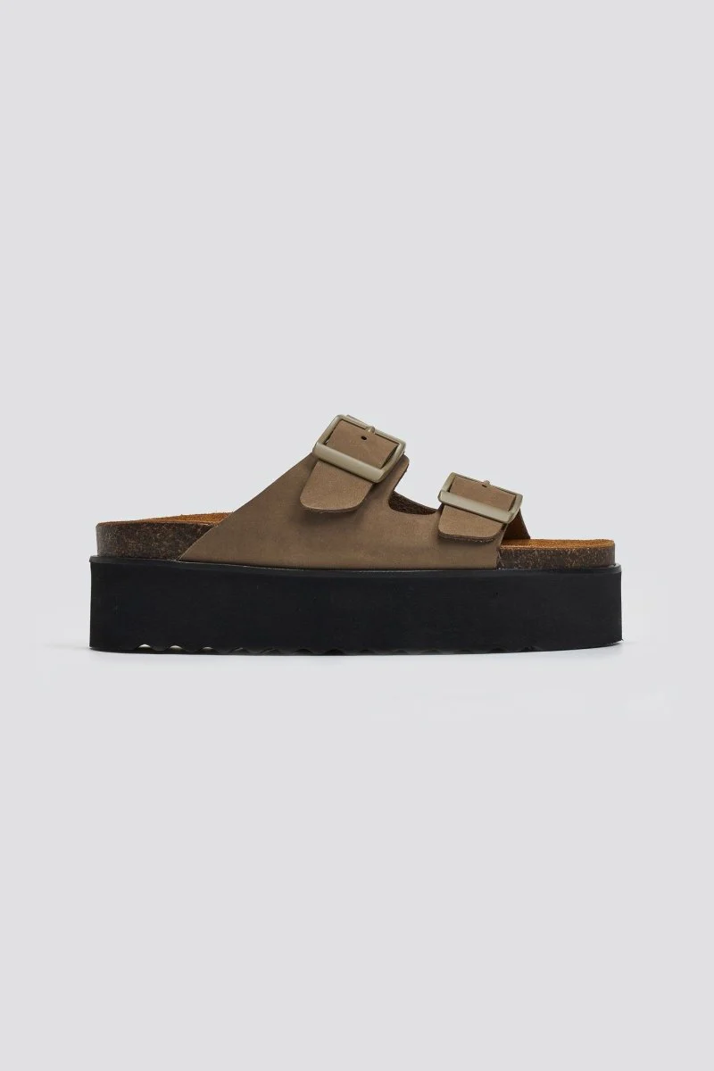 Σανδάλια flatforms nubuck - Λαδί