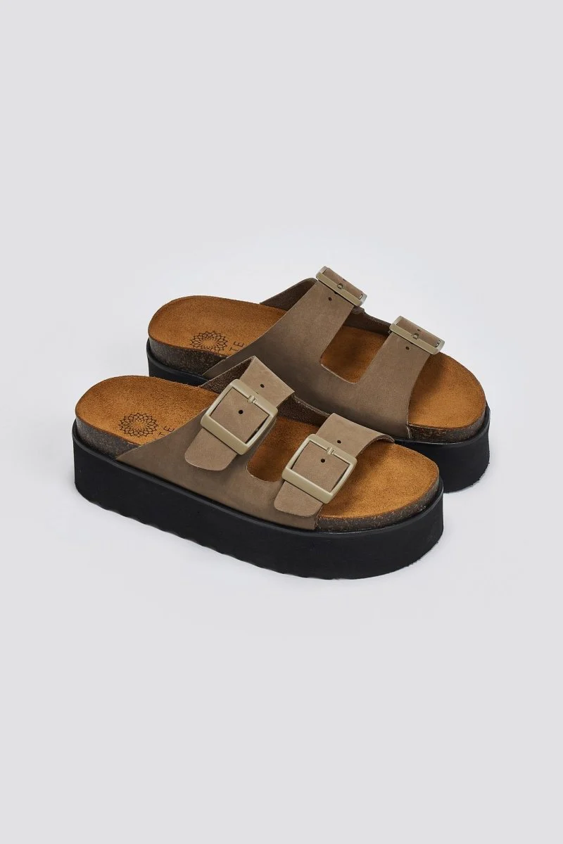 Σανδάλια flatforms nubuck - Λαδί - Image 4