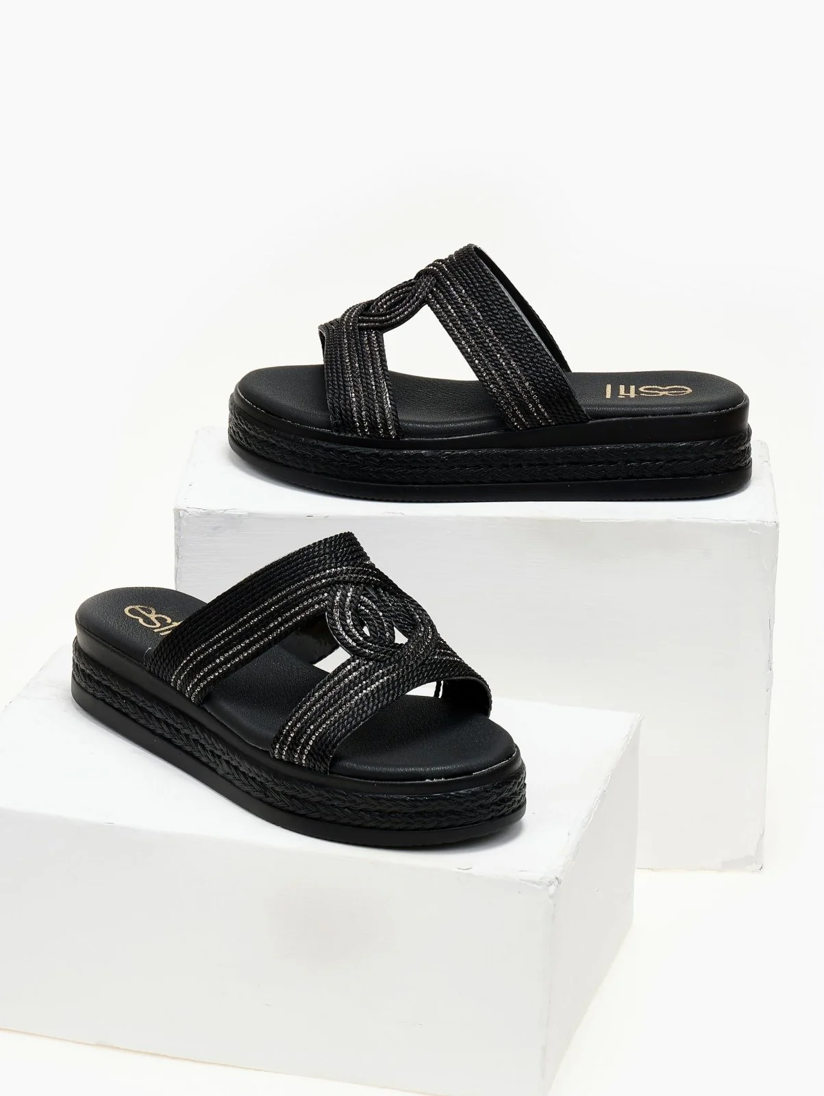 Flatform σανδάλια με σχοινί και στρας - Μαύρο - Image 2