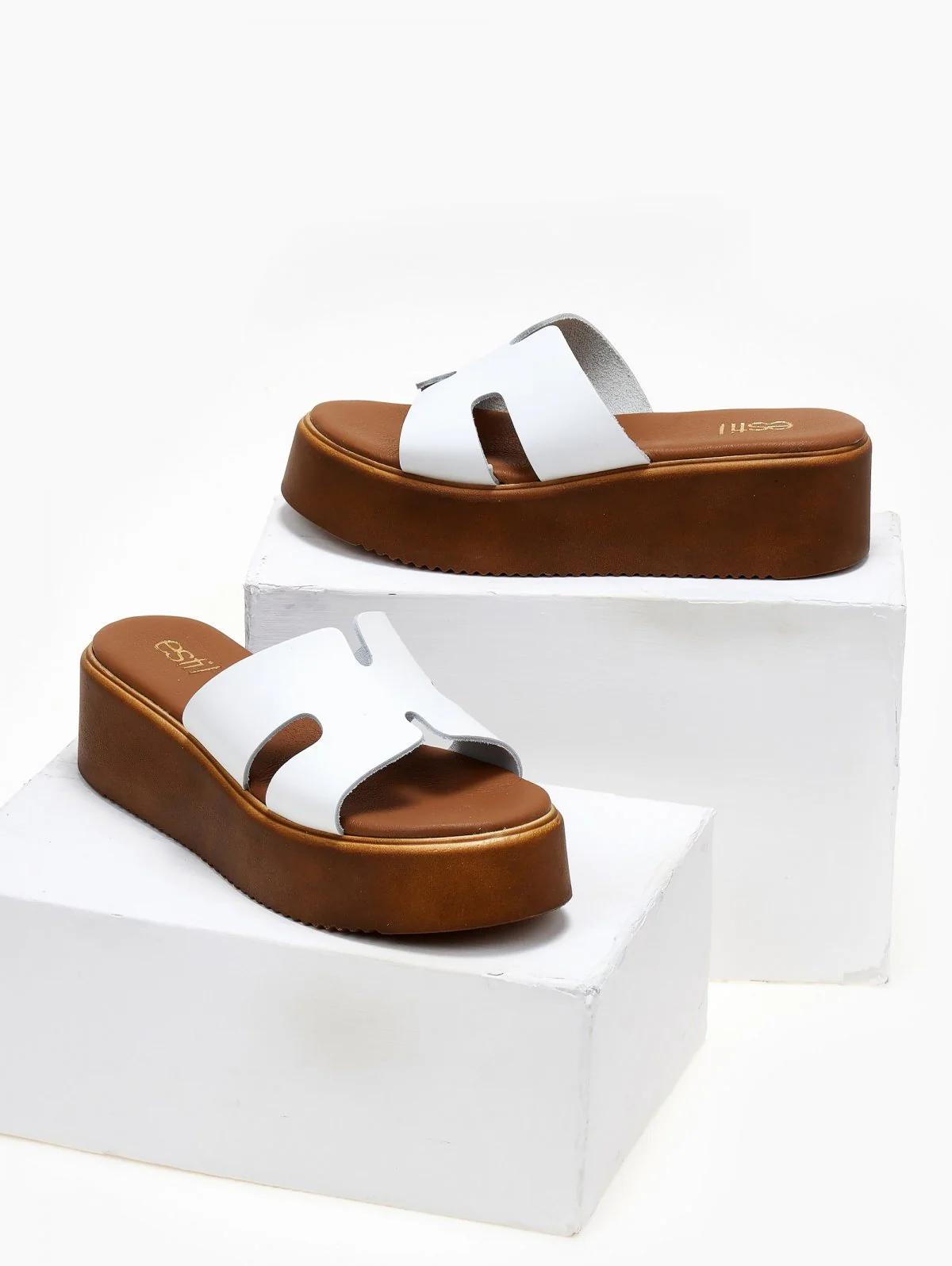 Δερμάτινα σανδάλια Flatform με ανοίγματα - Λευκό