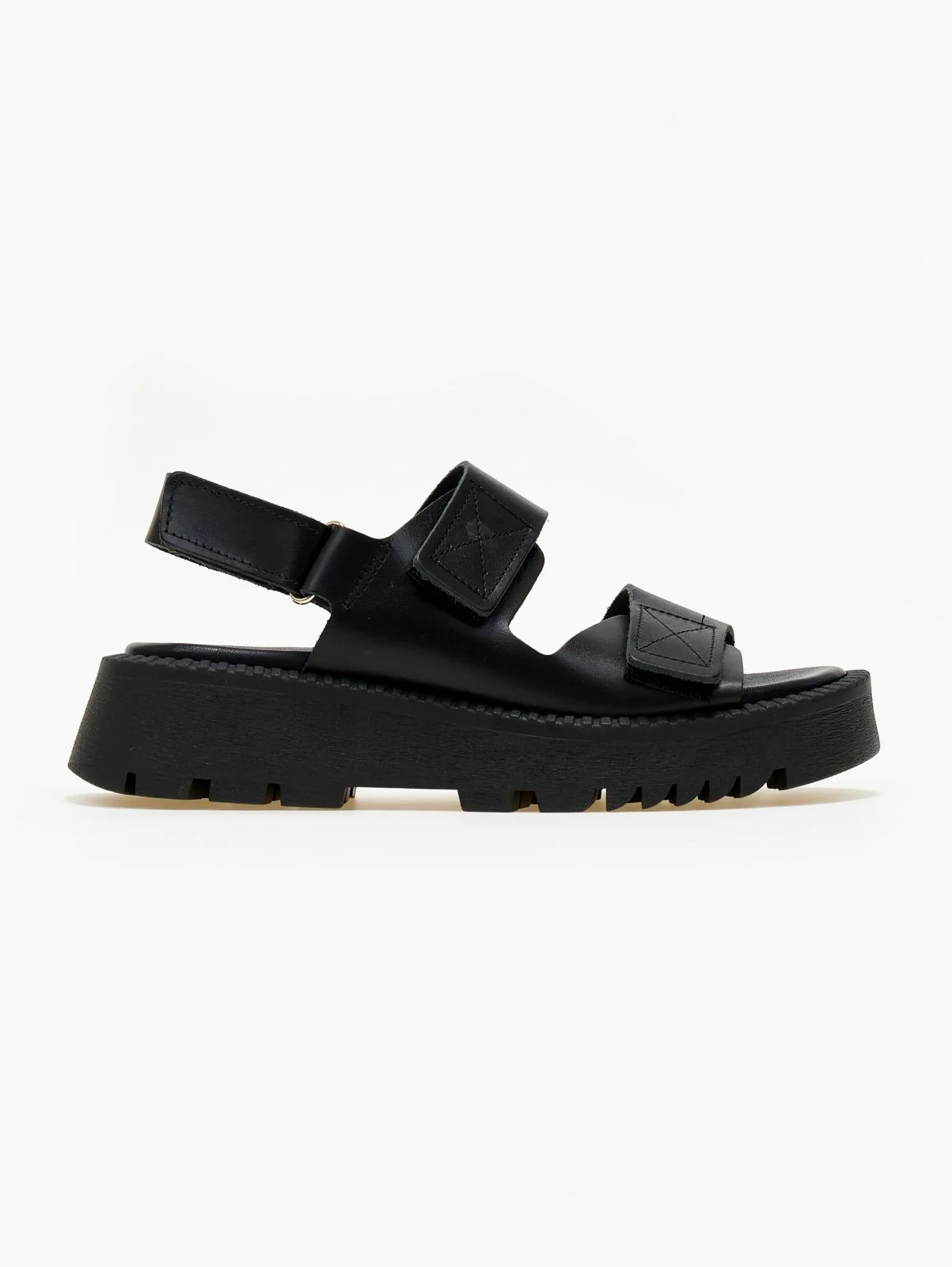 Δερμάτινα σανδάλια flatform με velcro - Μαύρο