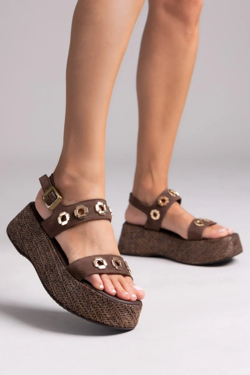 Δερμάτινα σανδάλια Flatform - Καφέ