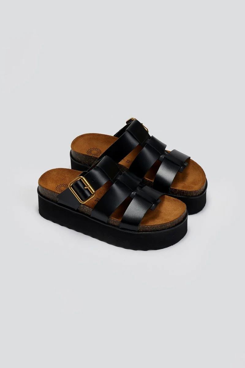 Δερμάτινα σανδάλια flatform - Μαύρο - Image 2