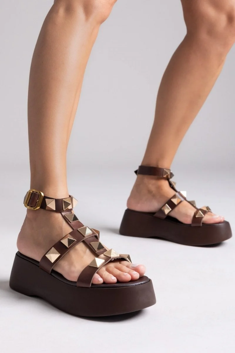 Δερμάτινα σανδάλια flatform με τρουκς - Καφέ - Image 7