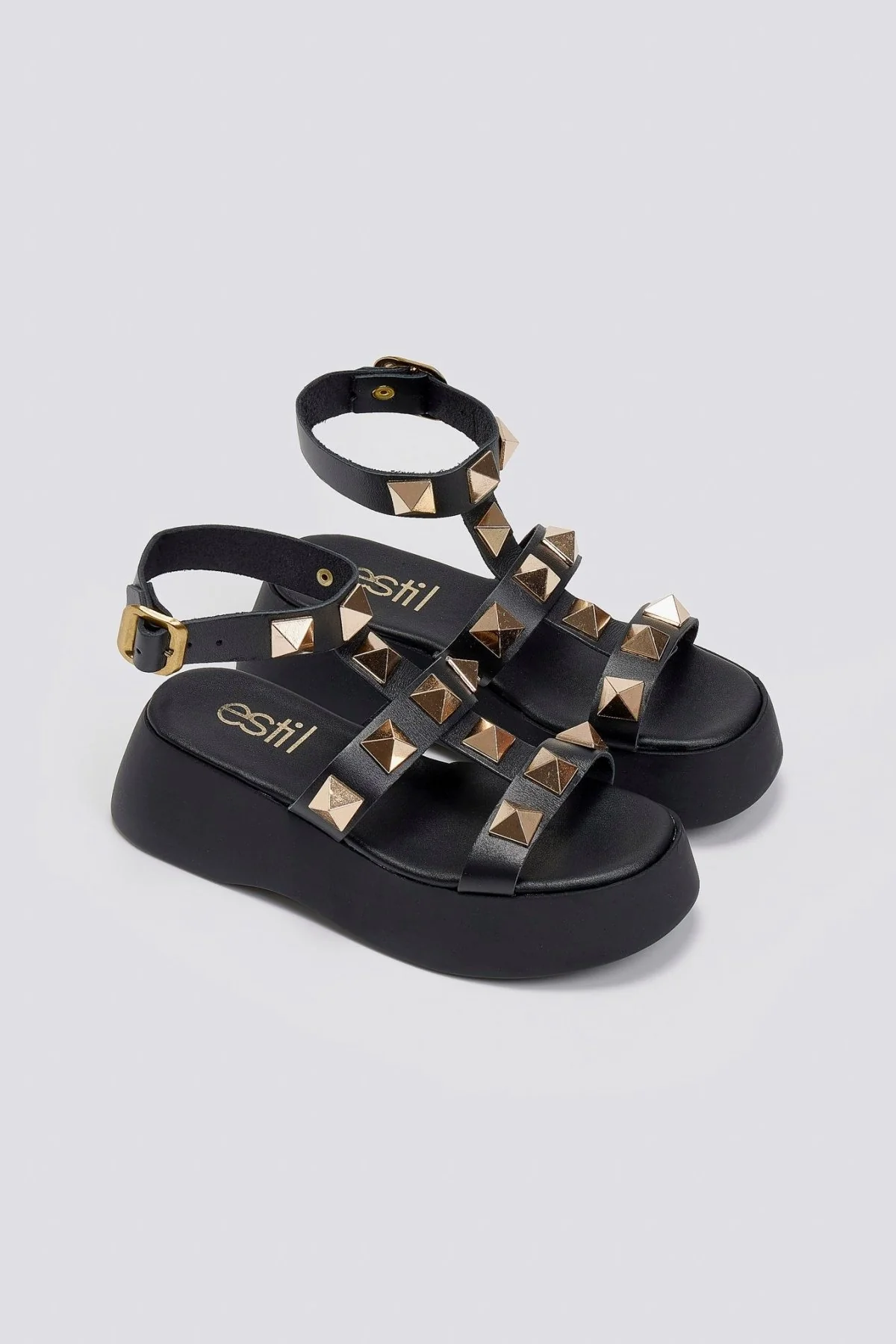 Δερμάτινα σανδάλια flatform με τρουκς - Μαύρο - Image 4