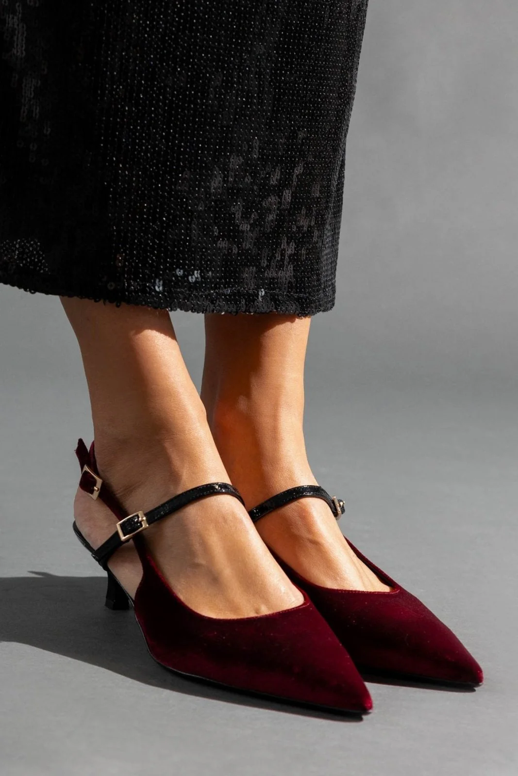 Βελούδινες Μυτερές Γόβες Slingback - Μπορντώ - Image 2