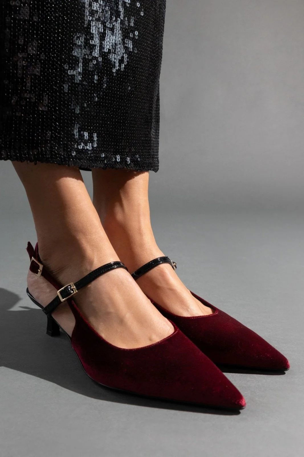 Βελούδινες Μυτερές Γόβες Slingback - Μπορντώ - Image 3