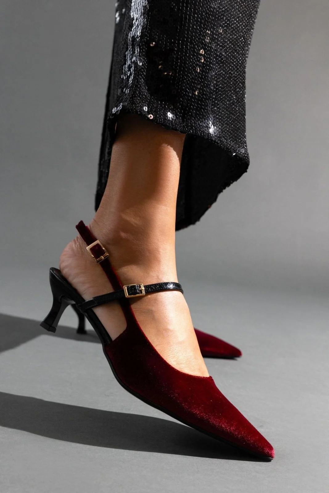 Βελούδινες Μυτερές Γόβες Slingback - Μπορντώ - Image 4