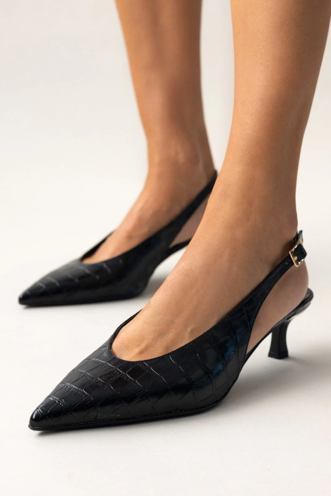 Μυτερές Κροκό Γόβες Slingback - Μαύρο - Image 2