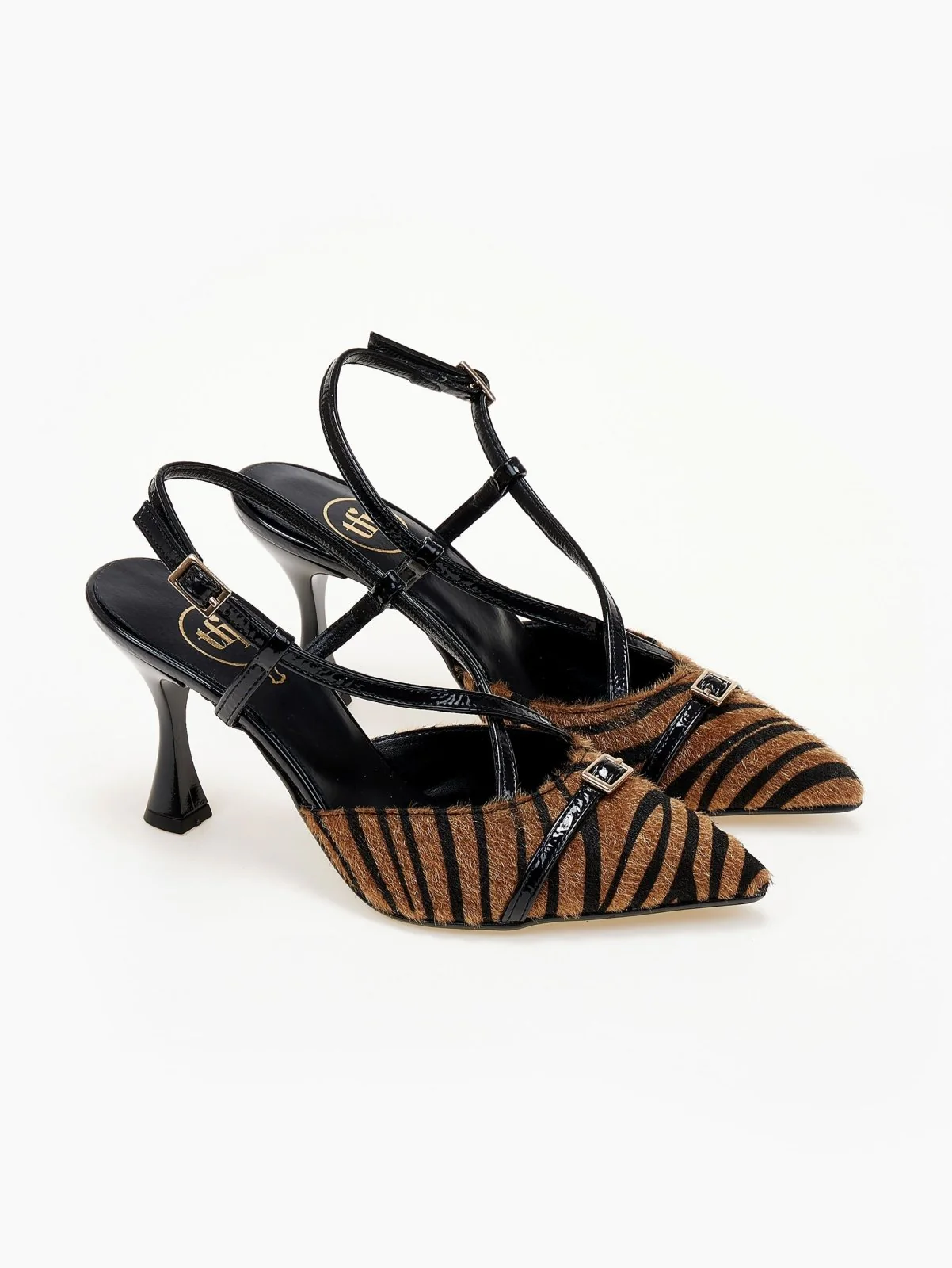 Γόβες μυτερές slingback με συνθετικό ponyskin - Μαύρο/Μπεζ - Image 4
