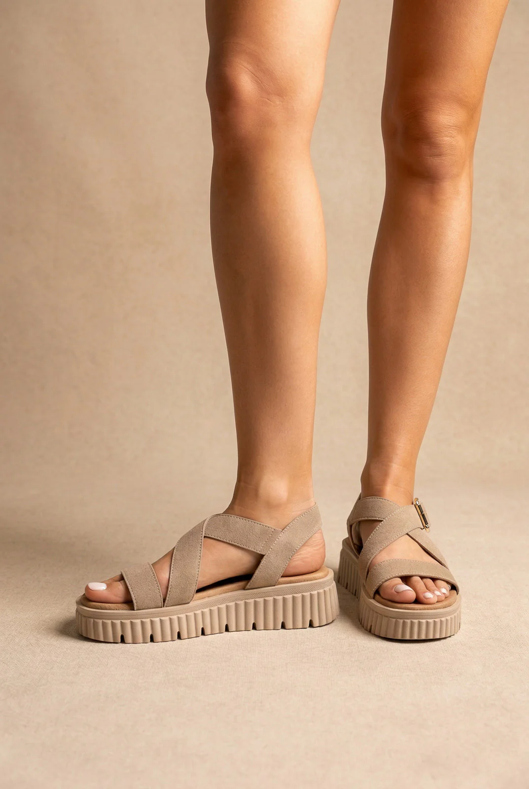 Δερμάτινα Flatform Σανδάλια - Μπεζ Σουέντ - Image 5
