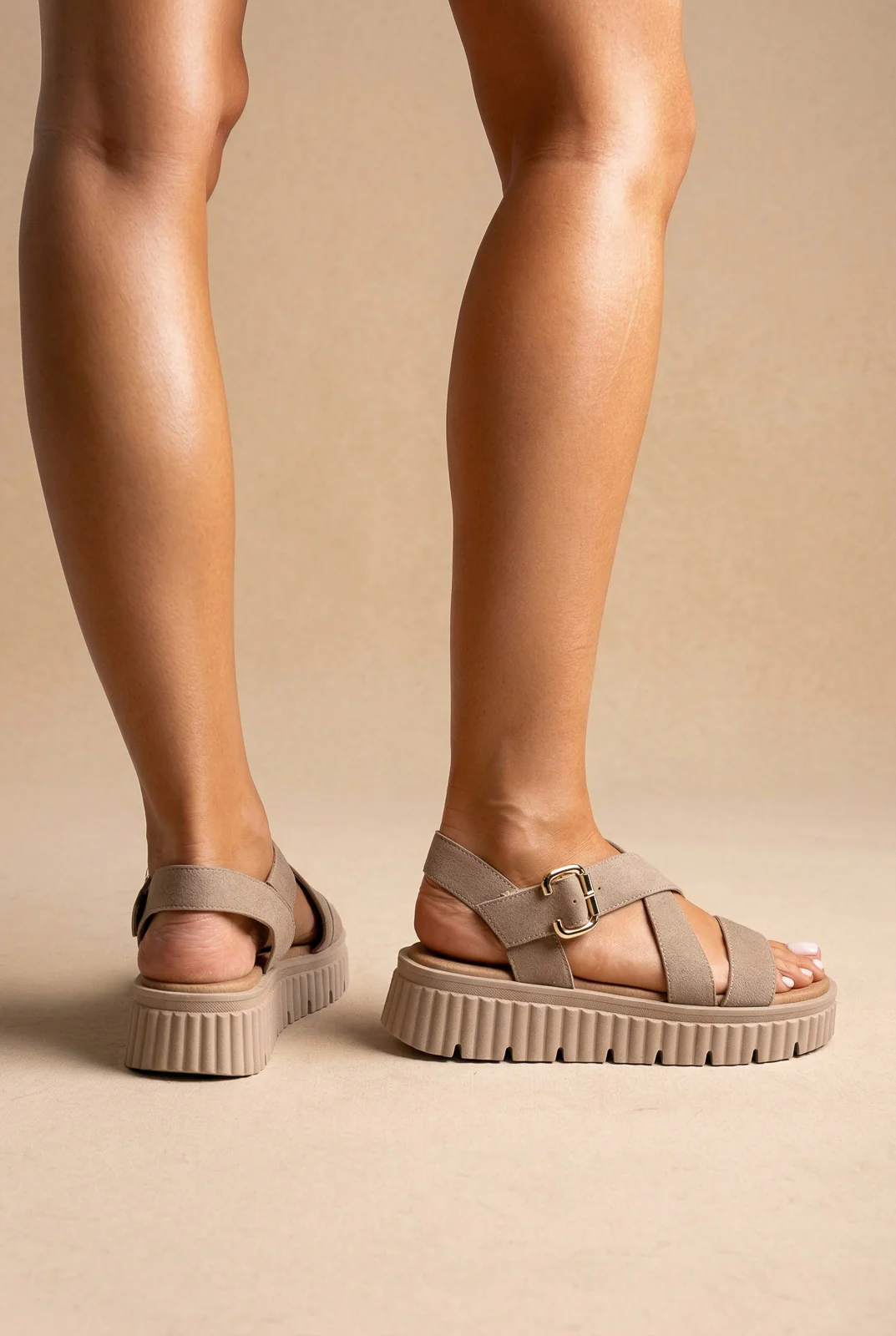 Δερμάτινα Flatform Σανδάλια - Μπεζ Σουέντ - Image 6