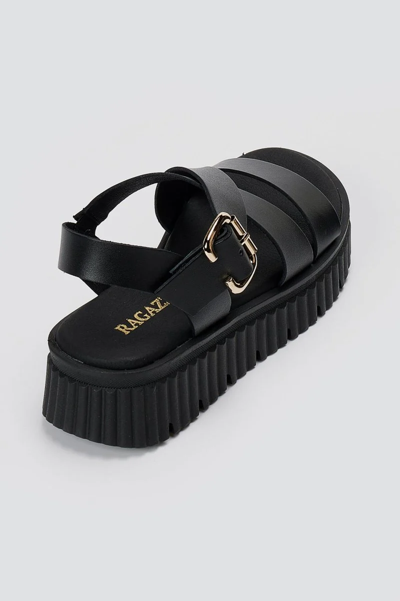 Δερμάτινα Flatform σανδάλια - Μαύρο Ματ - Image 7