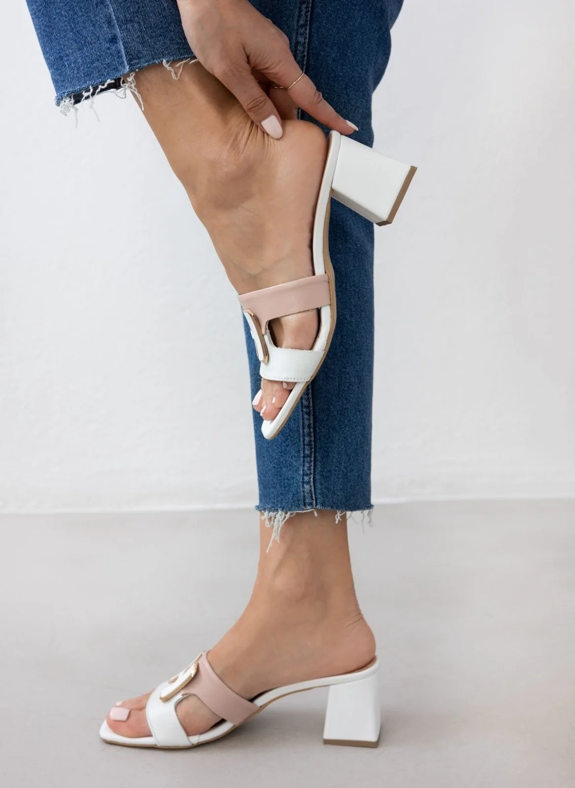 Δερμάτινα Mules με Διχρωμία - Λευκό/Μπεζ - Image 10