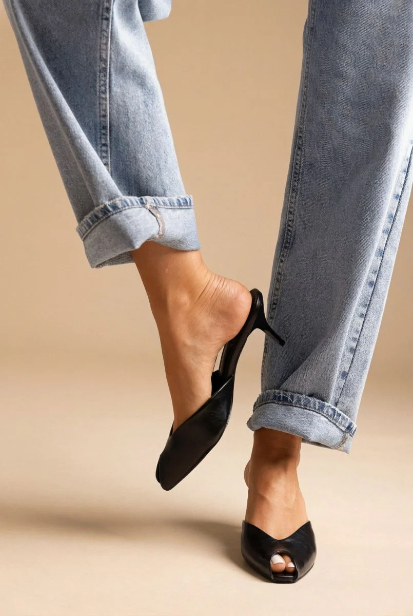 Peep Toe Mules Kitten Heel - Μαύρο Ματ - Image 2