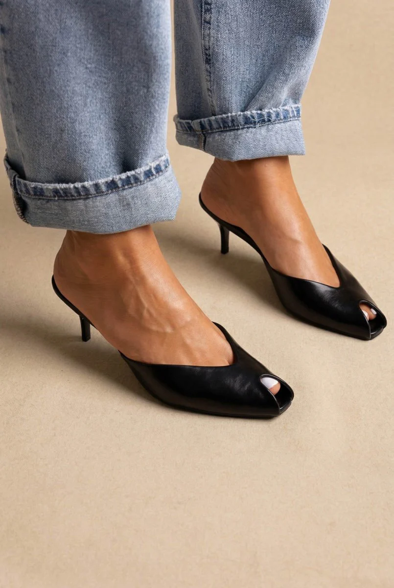 Peep Toe Mules Kitten Heel - Μαύρο Ματ - Image 3
