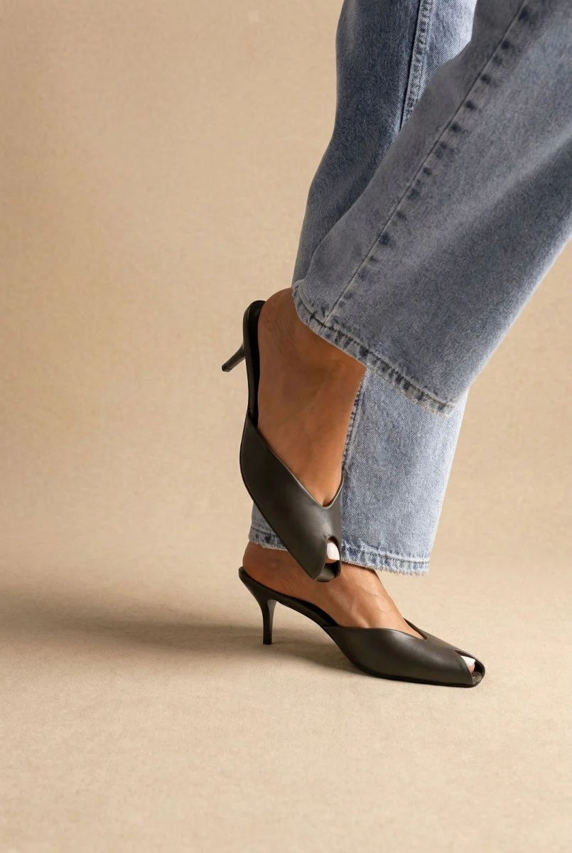  Peep Toe Mules Kitten Heel - Λαδί Ματ - Image 2