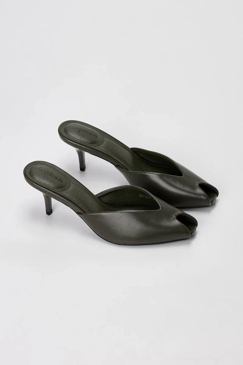  Peep Toe Mules Kitten Heel - Λαδί Ματ - Image 6