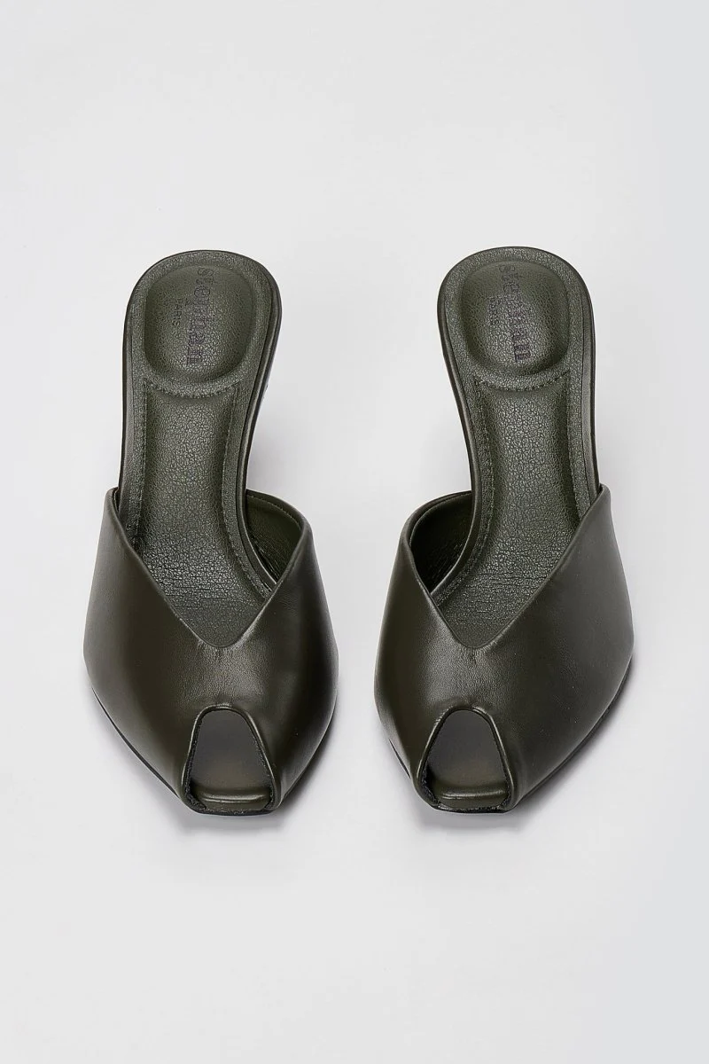  Peep Toe Mules Kitten Heel - Λαδί Ματ - Image 7