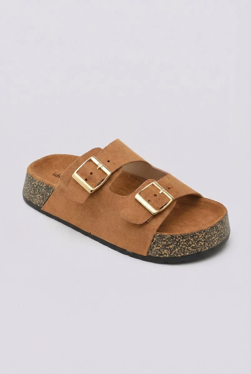 Flatform σανδάλια με έντονες αγκράφες - καφέ σουέντ - Image 3
