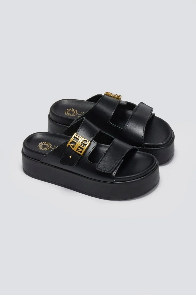 Δερμάτινα σανδάλια flatform- Μαύρο - Image 4
