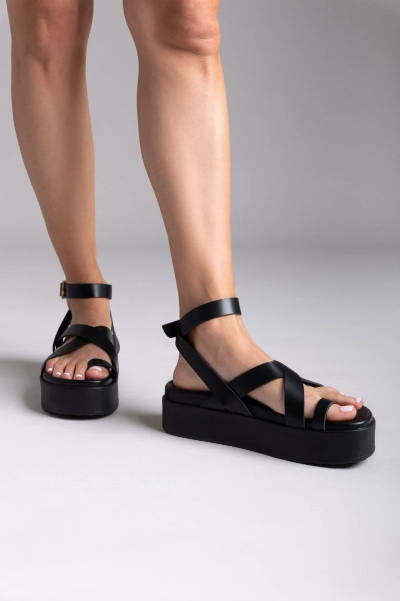 Δερμάτινα σανδάλια flatform- Μαύρο - Image 10