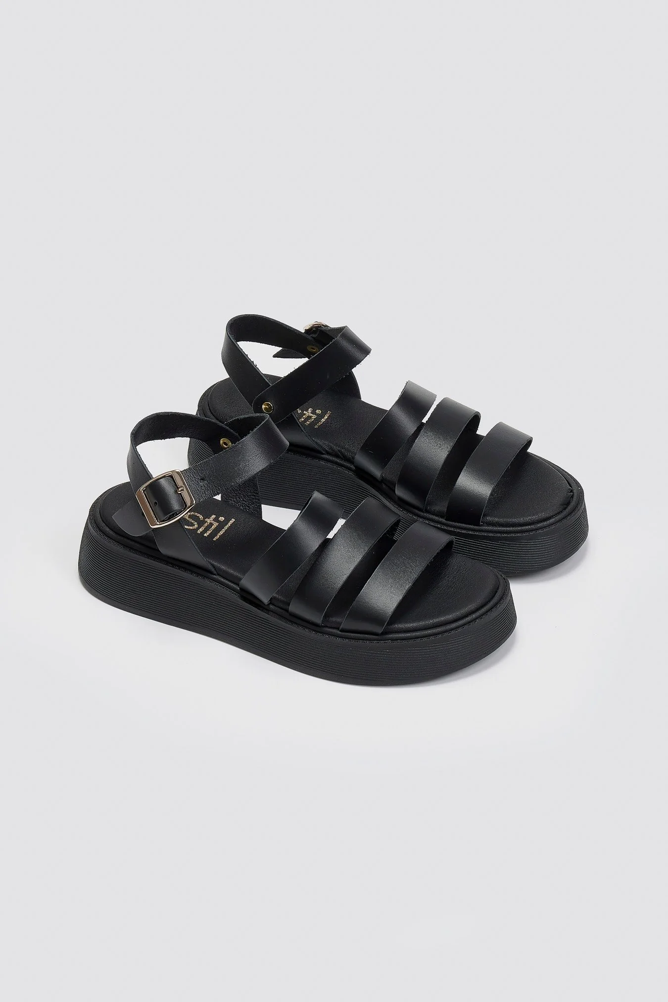 Σανδάλια δερμάτινα flatforms με φάσες Estil - Μαύρο - Image 2