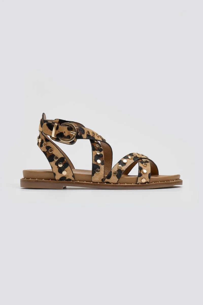 Δερμάτινα σανδάλια με animal print - λεοπάρ