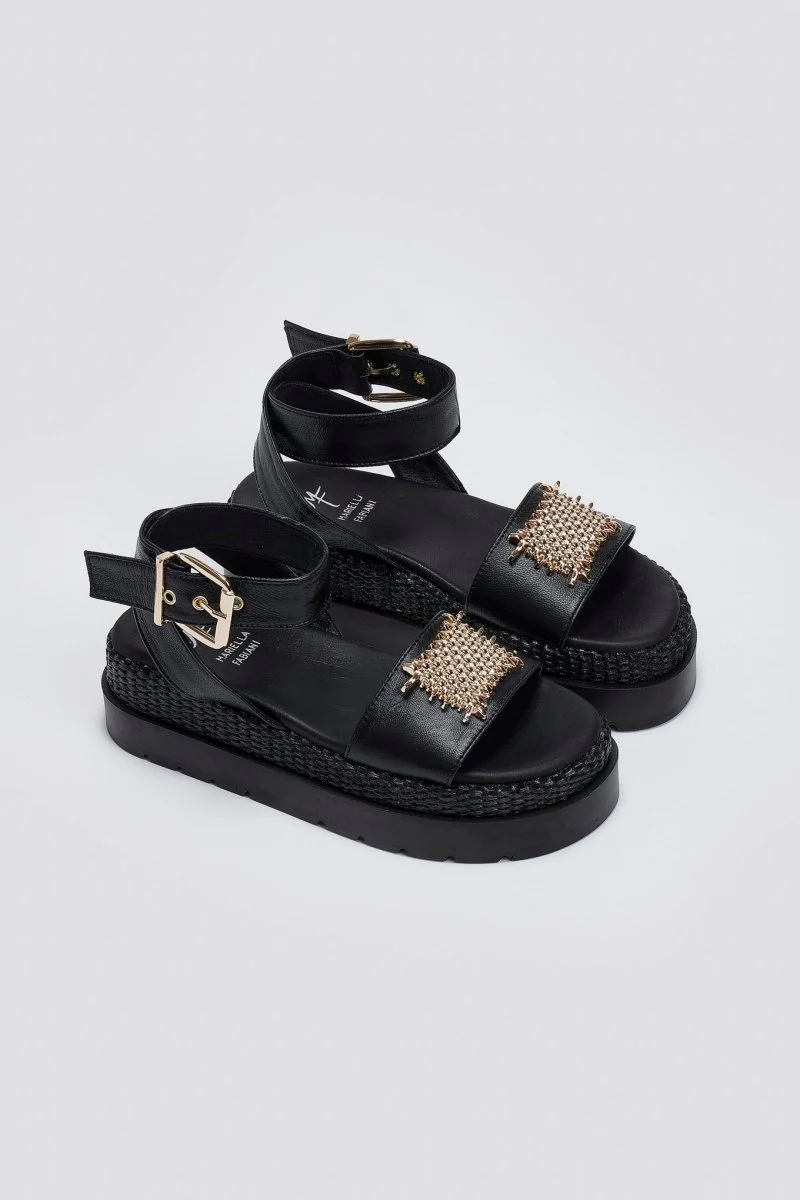 Δερμάτινα σανδάλια flatform με μπαρέτα - Μαύρο - Image 2