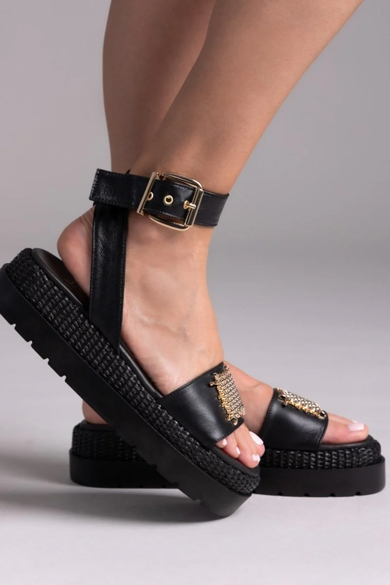 Δερμάτινα σανδάλια flatform με μπαρέτα - Μαύρο - Image 3