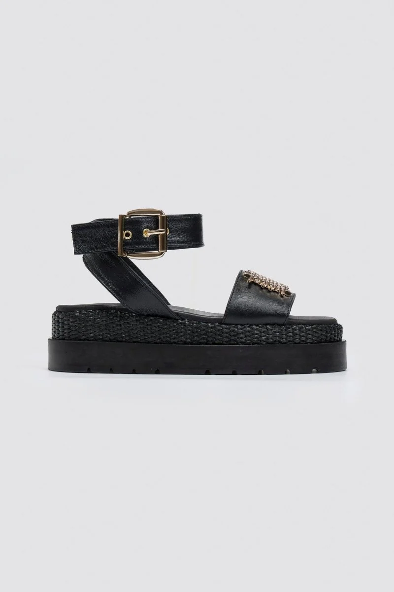 Δερμάτινα σανδάλια flatform με μπαρέτα - Μαύρο - Image 4