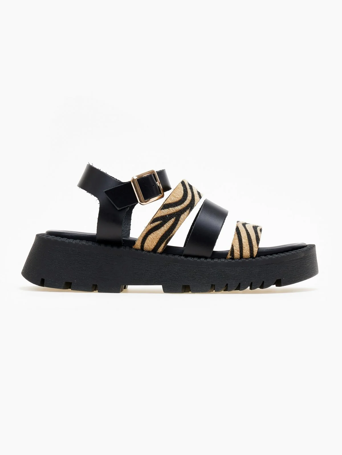 Δερμάτινα σανδάλια flatform με print- Μαύρο/Μπεζ
