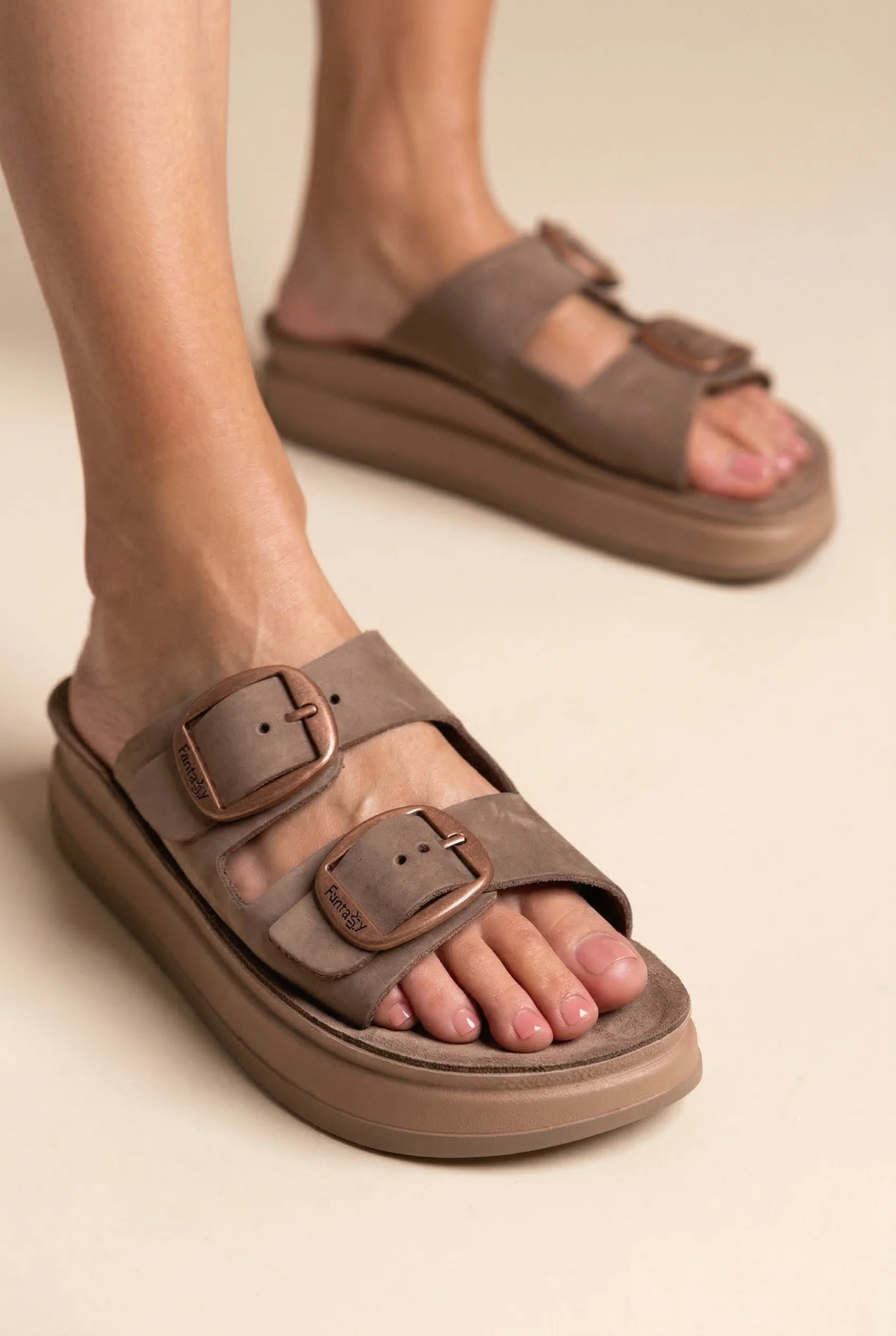 Δερμάτινα σανδάλια flatform - Καφέ - Image 8