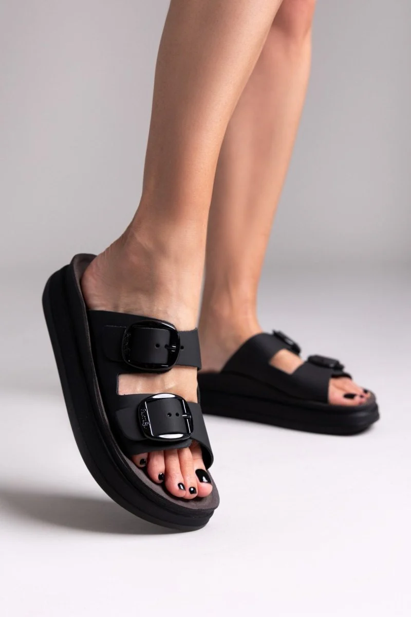 Δερμάτινα σανδάλια flatform - Μαύρο - Image 8