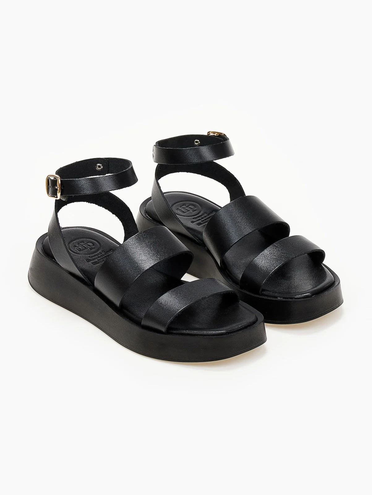 Δερμάτινα σανδάλια flatforms με δύο φάσες - Μαύρο - Image 3