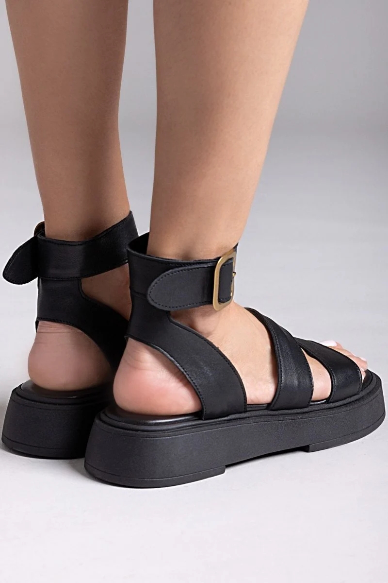 Δερμάτινα σανδάλια flatform - Μαύρο - Image 7