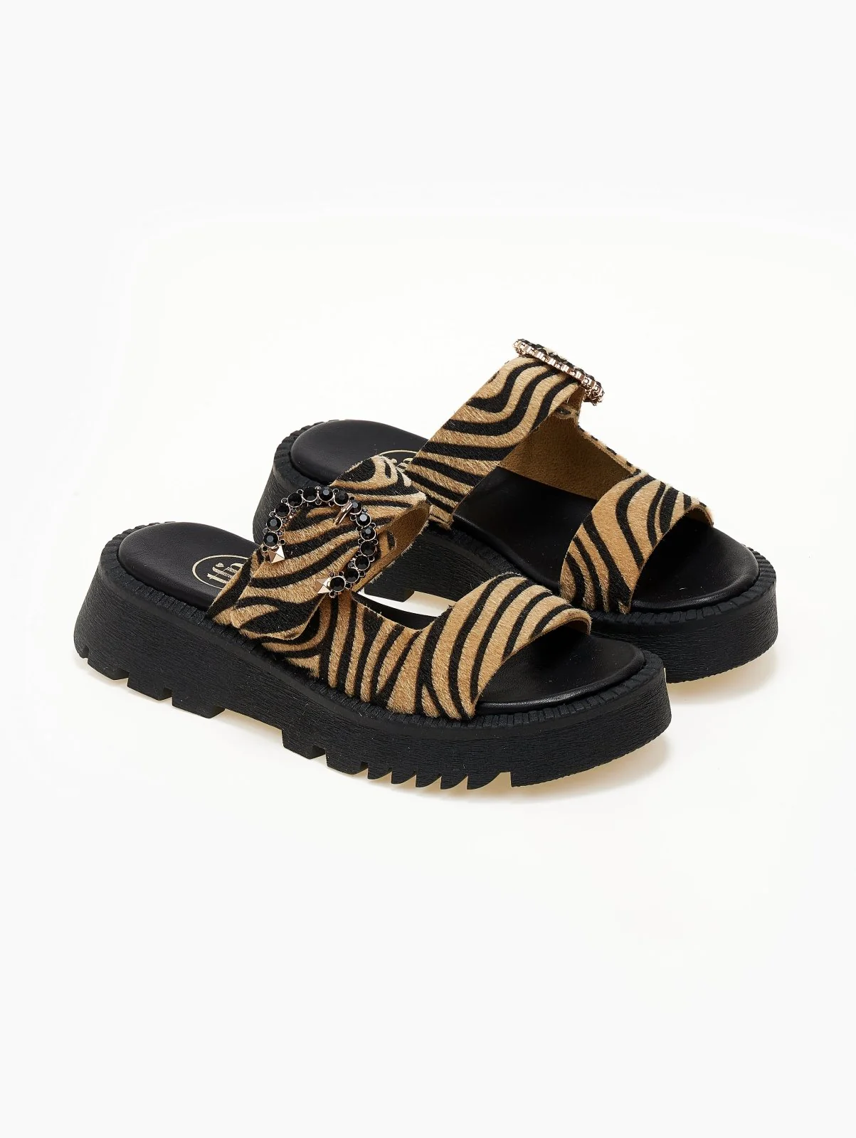 Σανδάλια flatform με συνθετικό ponyskin - Μαύρο/Μπεζ - Image 6