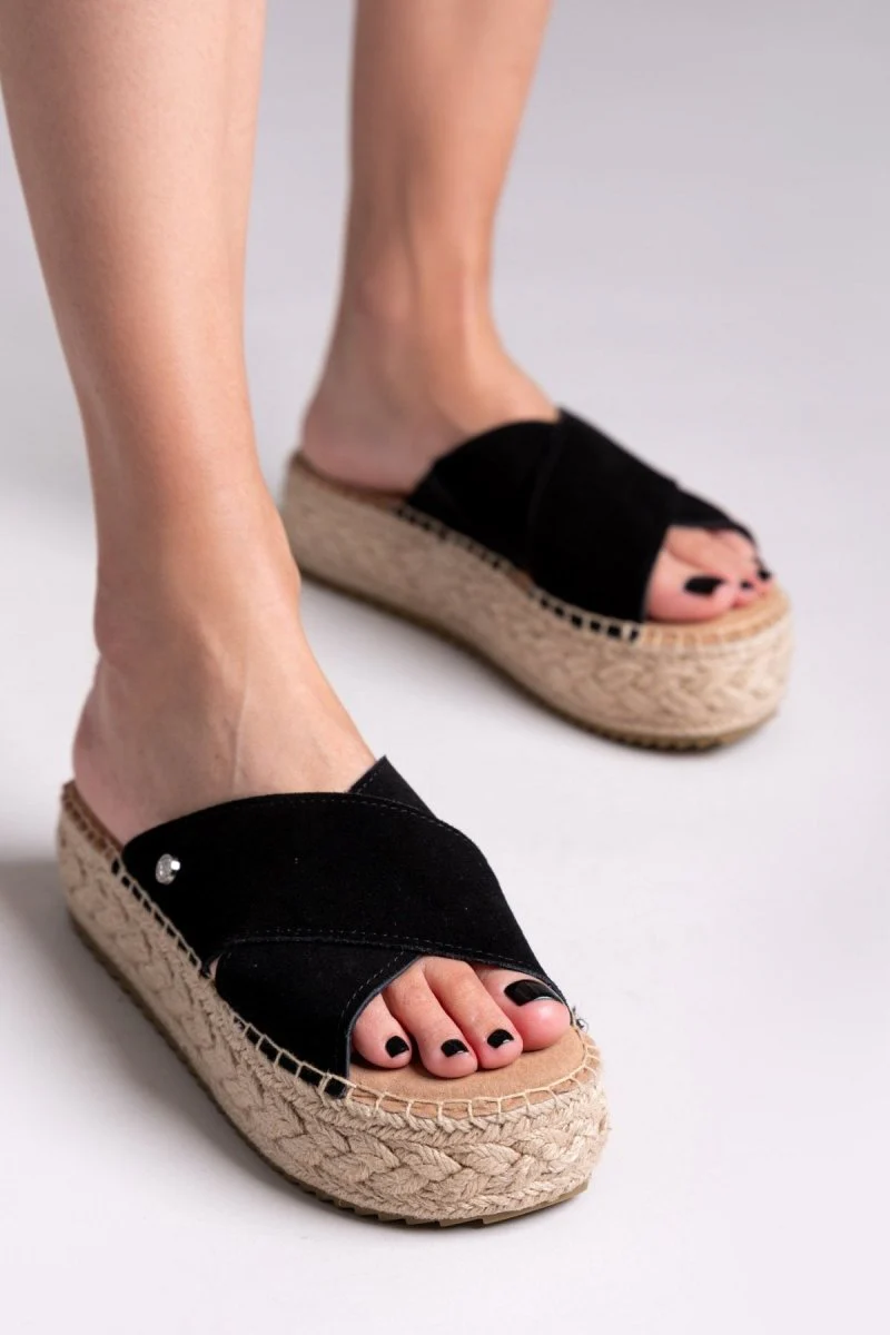 Σουέντ πέδιλα με χιαστί λουριά - Μαύρο - Image 5