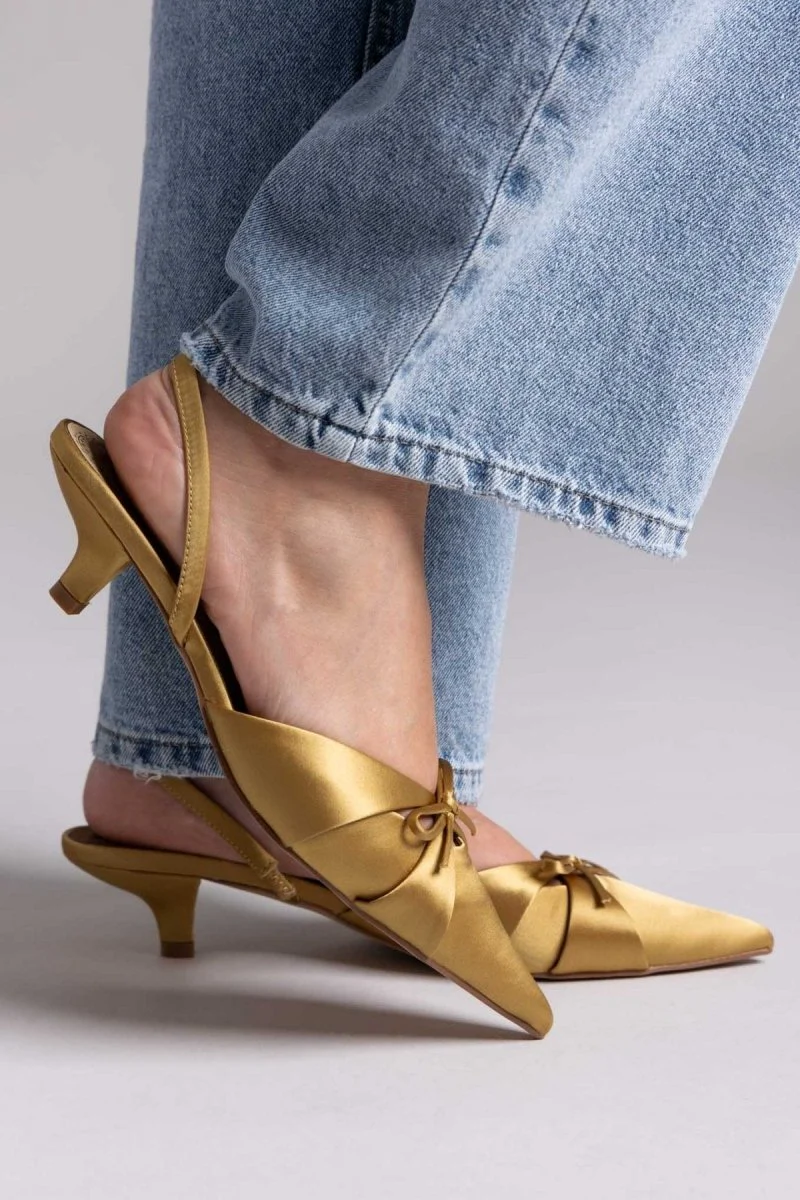 Slingback σατέν γόβες με φιόγκο - Λαδί - Image 6