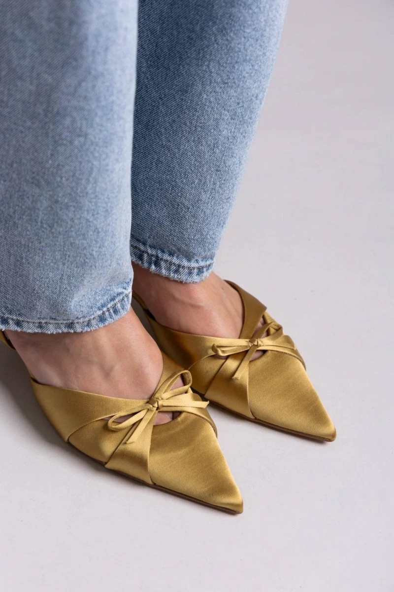 Slingback σατέν γόβες με φιόγκο - Λαδί - Image 8