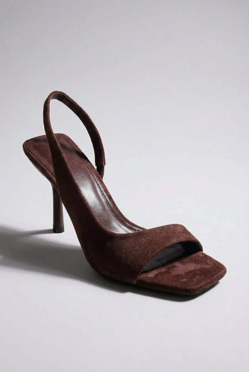 Πέδιλα Slingback με τακούνι στιλέτο - Καφέ Σουέντ - Image 5