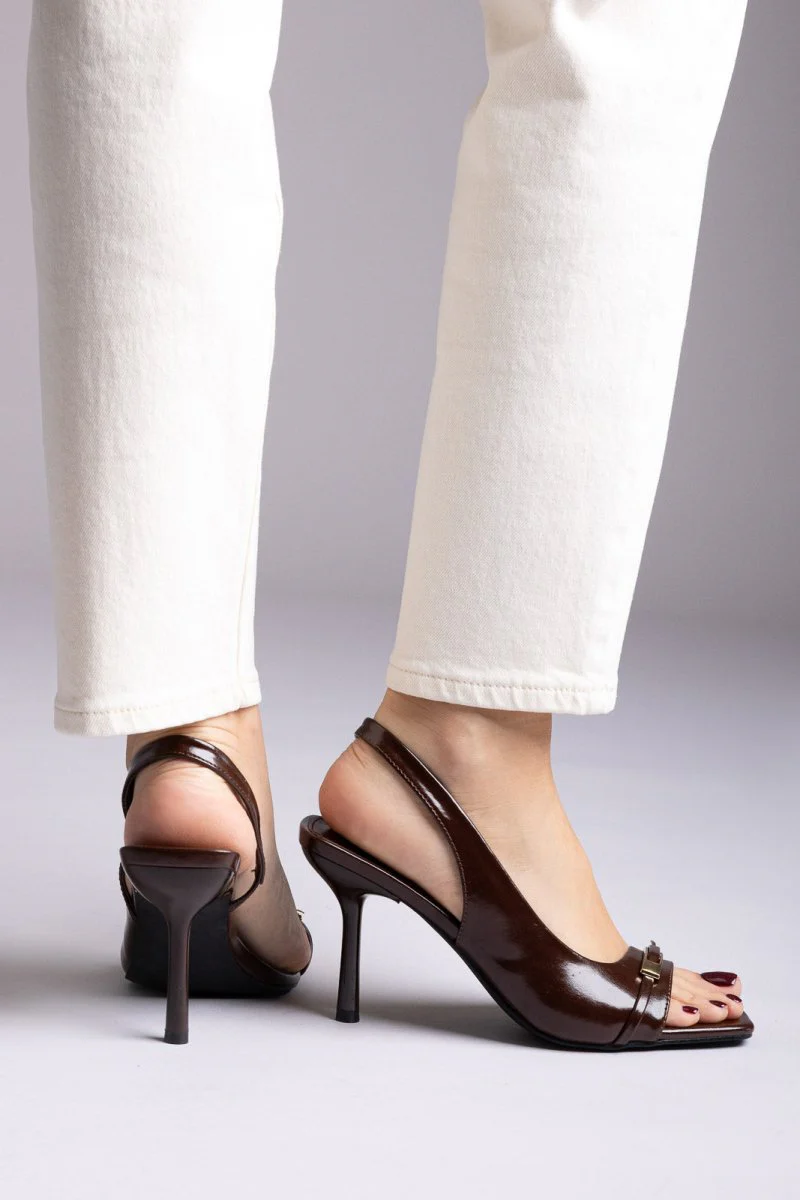 Πέδιλα Slingback με λεπτό τακούνι - Σκούρο Καφέ Ματ - Image 3