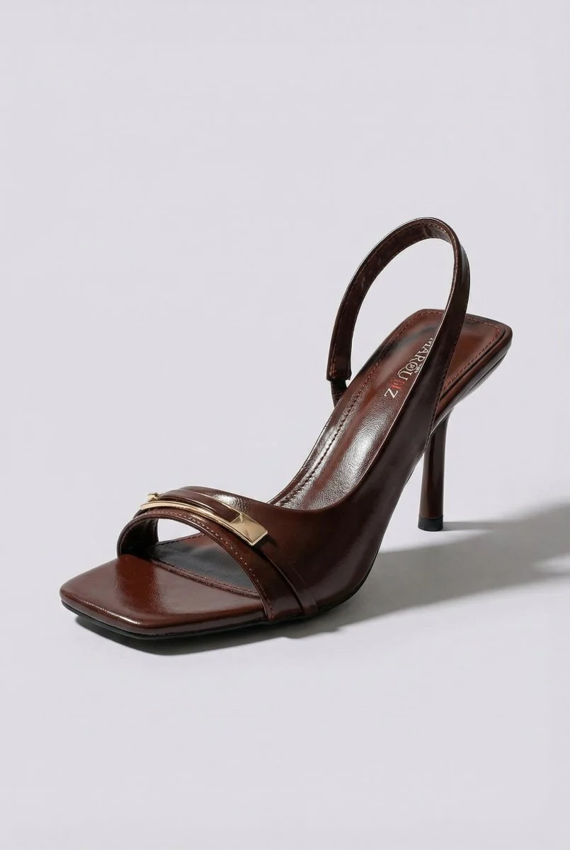 Πέδιλα Slingback με λεπτό τακούνι - Σκούρο Καφέ Ματ - Image 5