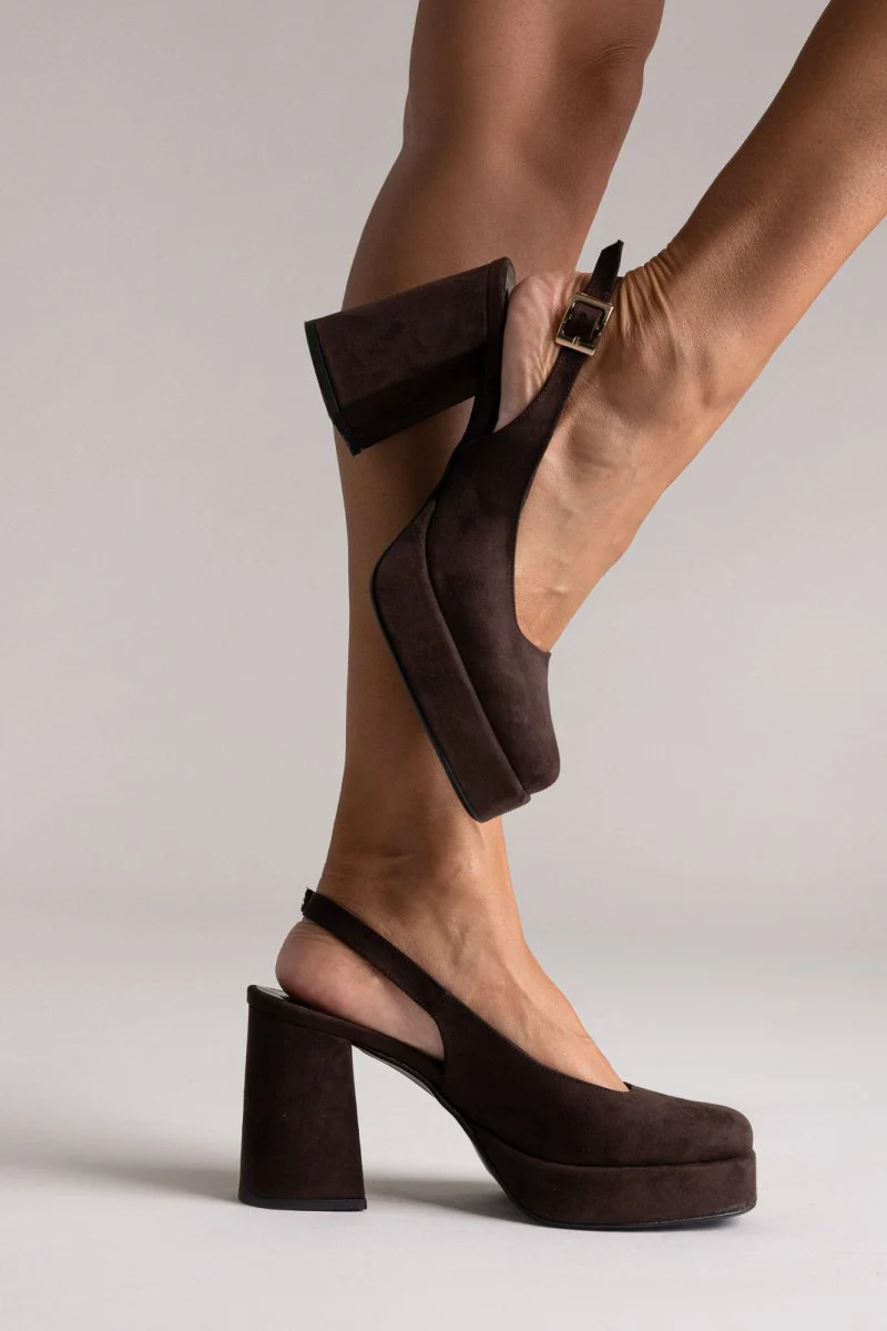 Γόβες slingback με φιάπα - Καφέ Σουέντ - Image 2